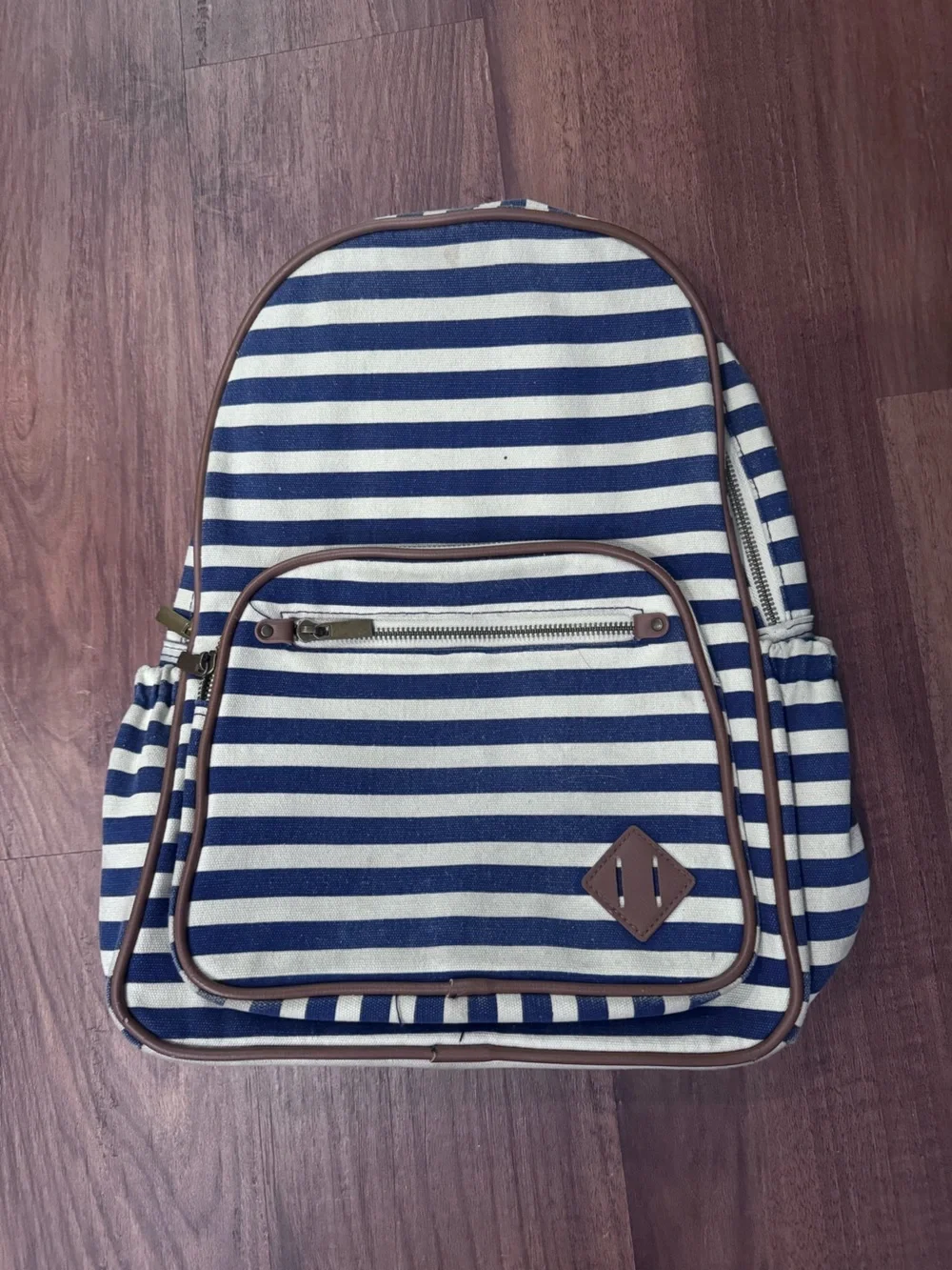 Striped Navy & White Canvas Backpack with Brown Trim